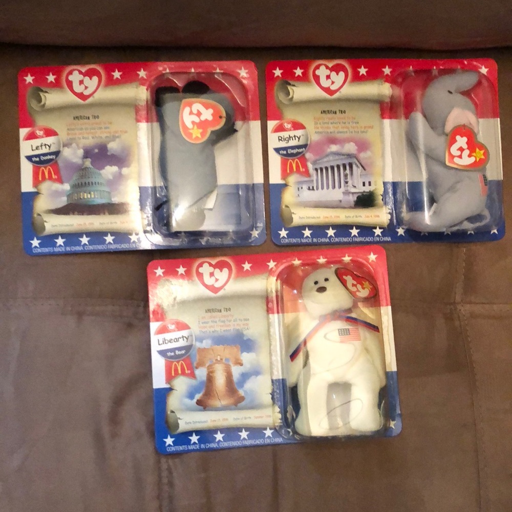 NWT ELECTION Trio set 1996 TY beanie babies LEFTY, RIGHTY, LIBERTY